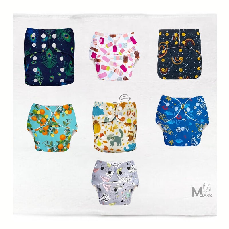 MOMSARC Leakage-Proof Cotton Cloth Nappies+7 insert pads|Freesize Adjustable and Reusable Diapers for babies|4-Layer Super Absorbent Langot|(Multicolur,Pack of 7) - Image 1