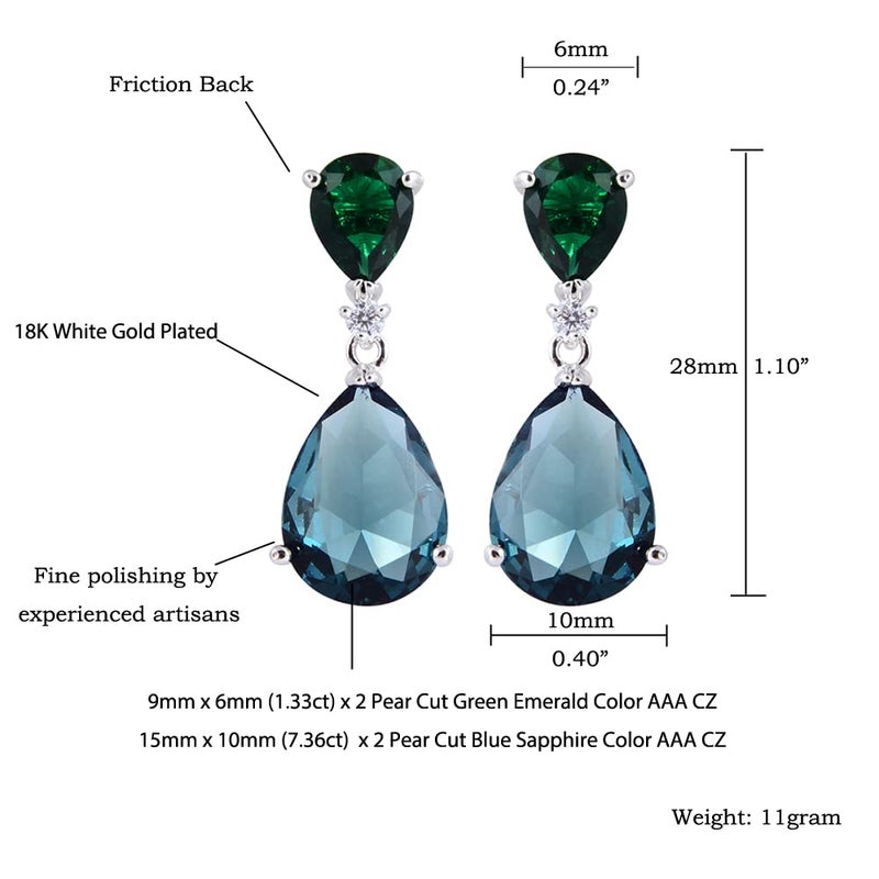 RIZILIA [RIZILIA CELEBOX] Teardrop Dangle Pierced Earrings with Pear Cut CZ [Simulated Green Emerald&Blue Sapphire] in White Gold Plated, Celebrity inspired by Angelina Jolie - Image 2