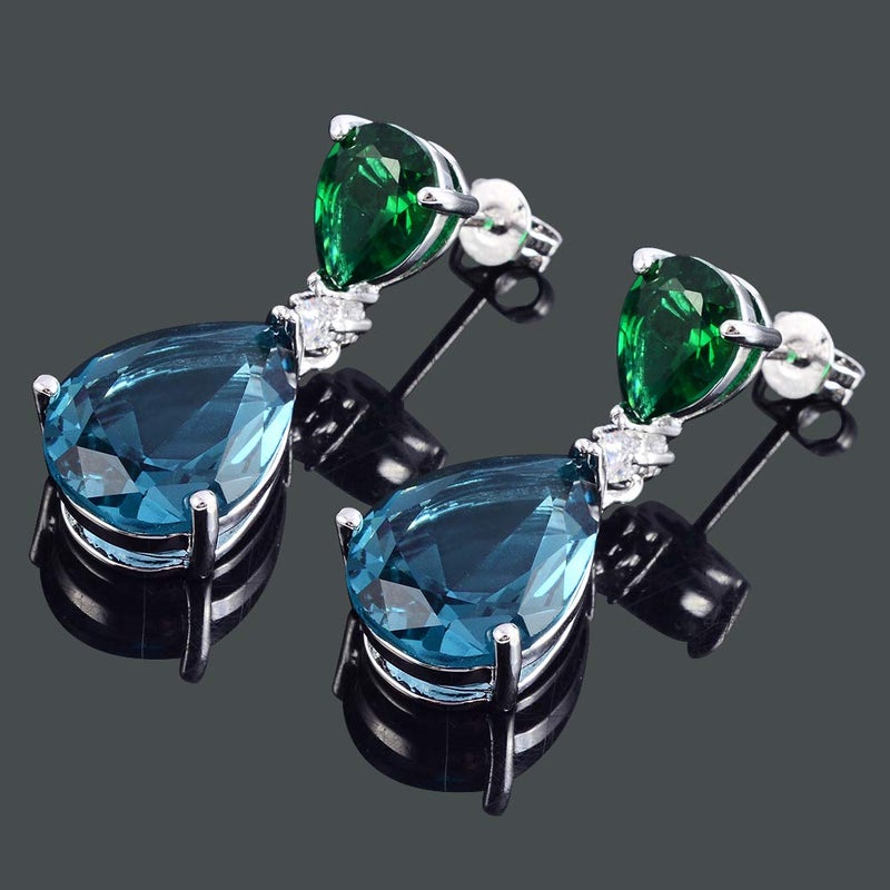 RIZILIA [RIZILIA CELEBOX] Teardrop Dangle Pierced Earrings with Pear Cut CZ [Simulated Green Emerald&Blue Sapphire] in White Gold Plated, Celebrity inspired by Angelina Jolie - Image 3