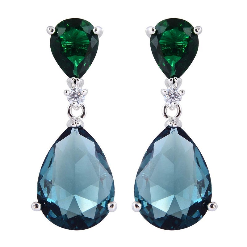 RIZILIA [RIZILIA CELEBOX] Teardrop Dangle Pierced Earrings with Pear Cut CZ [Simulated Green Emerald&Blue Sapphire] in White Gold Plated, Celebrity inspired by Angelina Jolie - Image 1