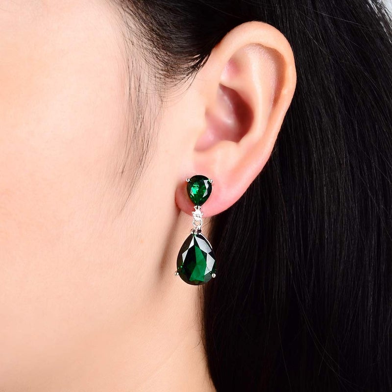 RIZILIA [RIZILIA CELEBOX] Teardrop Dangle Pierced Earrings with Pear Cut CZ [Simulated Green Emerald&Blue Sapphire] in White Gold Plated, Celebrity inspired by Angelina Jolie - Image 5