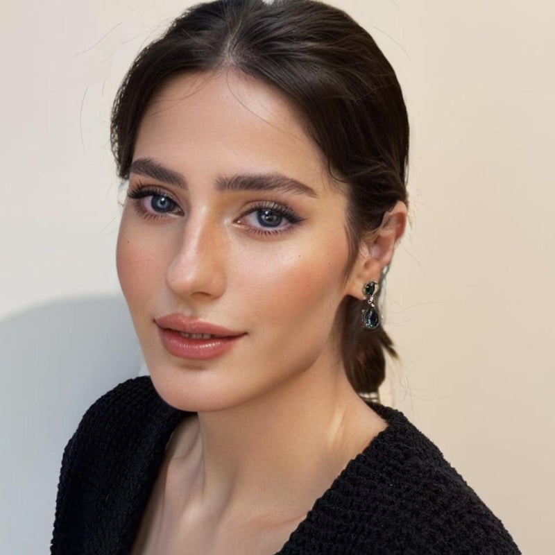 RIZILIA [RIZILIA CELEBOX] Teardrop Dangle Pierced Earrings with Pear Cut CZ [Simulated Green Emerald&Blue Sapphire] in White Gold Plated, Celebrity inspired by Angelina Jolie - Image 4