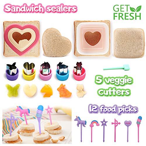 GET FRESH Sandwich Cutters and Sealers for Kids – 20-pcs Sandwich Sealers and Veggie Cutters set for Children – 2 Bread Cutters and Sealers with 5 Vegetable Shapes and 12 Unicorn Food Picks for Kids - Image 2