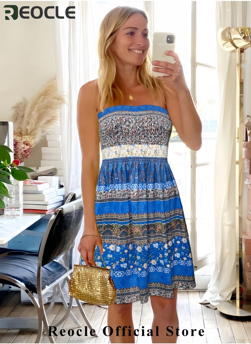 REOCLE Summer Dresses for Women Beach Cover Ups Strapless Boho Floral Print Sundress  - Image 2