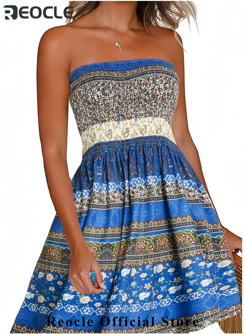 REOCLE Summer Dresses for Women Beach Cover Ups Strapless Boho Floral Print Sundress  - Image 3