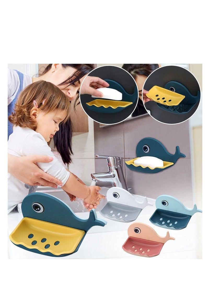 SYOSI 4 Pcs Cute Soap Dish Holder, Whale Shape Soap Holder Self Adhesive with Drain Holes on Bottom, Cartoon Kawaii Bathroom Soap Tray - Image 1