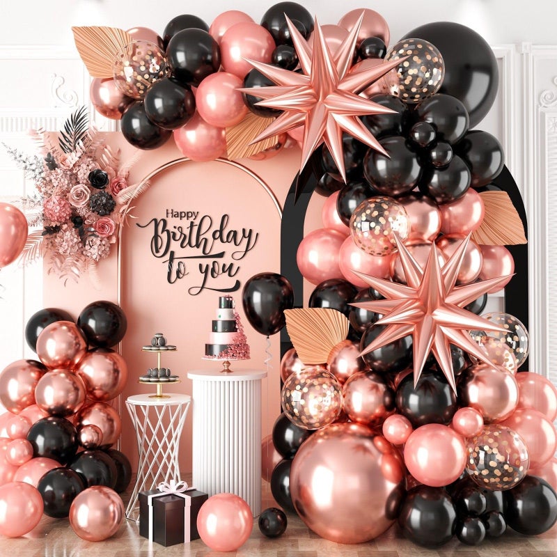 Biapian Rose Gold Black Balloons Garland Kit, 120Pcs Metallic Rose Gold Black Confetti Balloons Arch with 4D Star Foil Balloons for Wedding, Birthday, Graduation, Baby Shower Party Decoration - Image 1