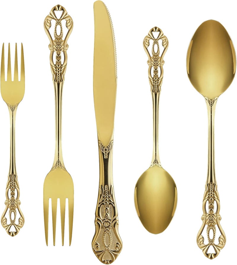 ROMAWARE Gold Silverware Set for 8 Stainless Steel Gorgeous Retro Royal Flatware 40Pieces Cutlery Tableware Kitchen Utensils Include Spoons and Forks Mirror Finish Dishwasher Safe - Image 1