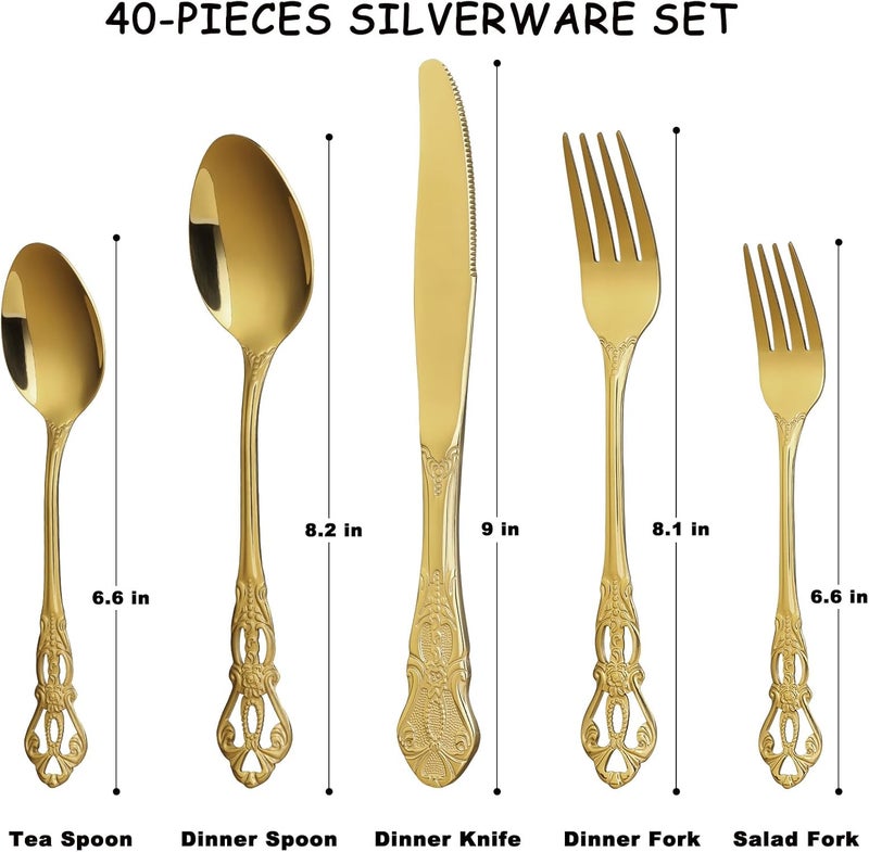 ROMAWARE Gold Silverware Set for 8 Stainless Steel Gorgeous Retro Royal Flatware 40Pieces Cutlery Tableware Kitchen Utensils Include Spoons and Forks Mirror Finish Dishwasher Safe - Image 2