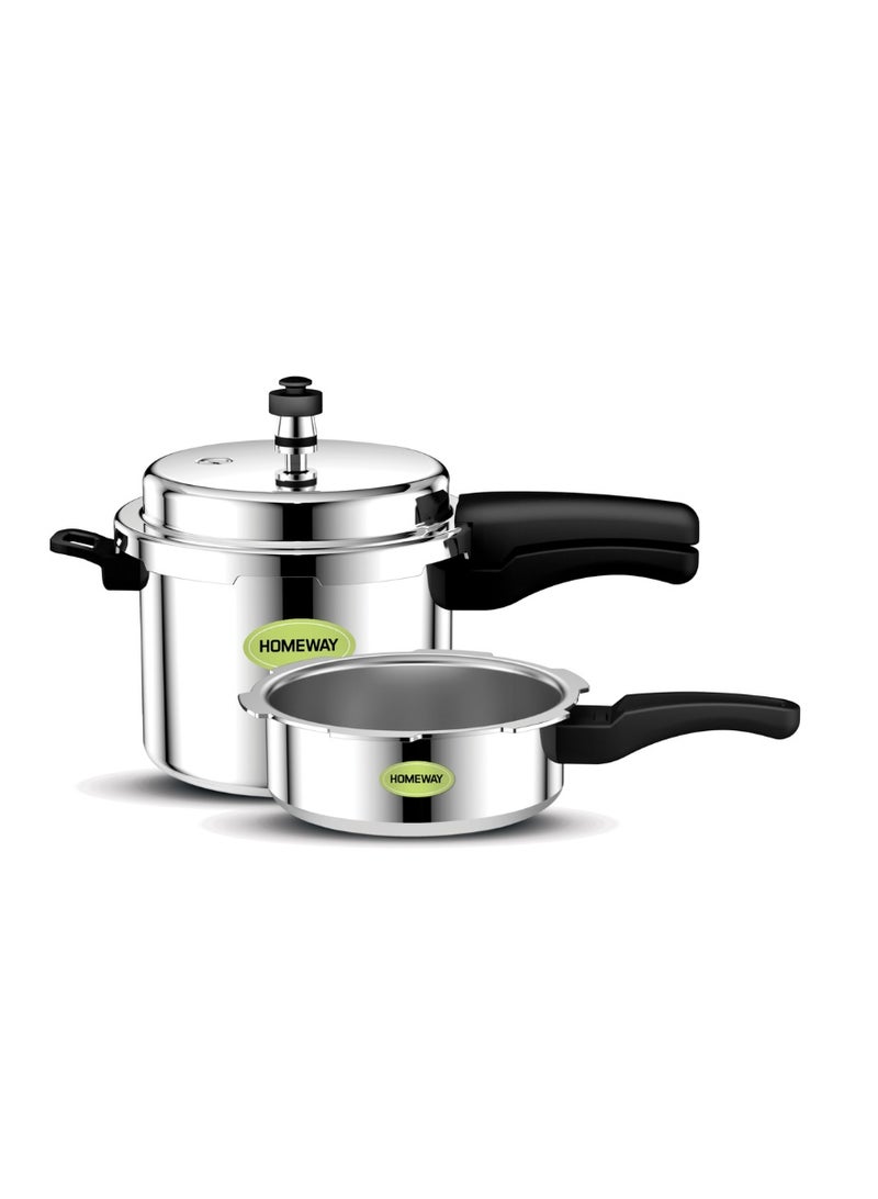 Homeway Aluminium Pressure Cooker Combo 5L + 3L, Durable Aluminium Body, Bakelite Handle, Safety Valve, 2 Year Warranty, HW6614, Silver - Image 1
