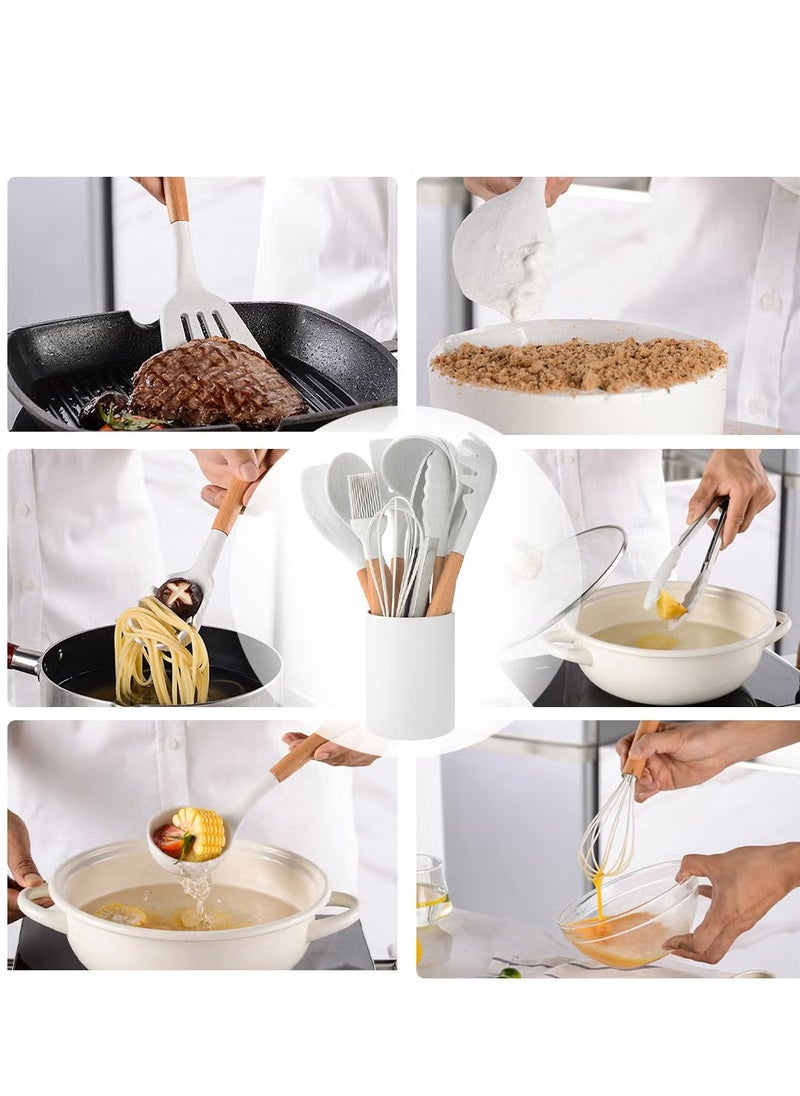 11-Piece Silicone Non-Stick Cooking Utensil Set with Wooden Handle – Heat-Resistant, Non-Scratch, Ergonomic Comfort for Non-Stick Cookware