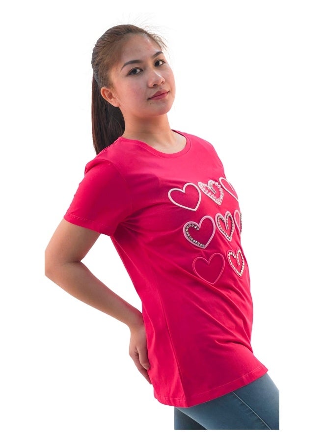 JOANNA JOANNA W203010 Women's Hearts Print Round Neck Short Sleeve T-Shirt - Pink - Image 2