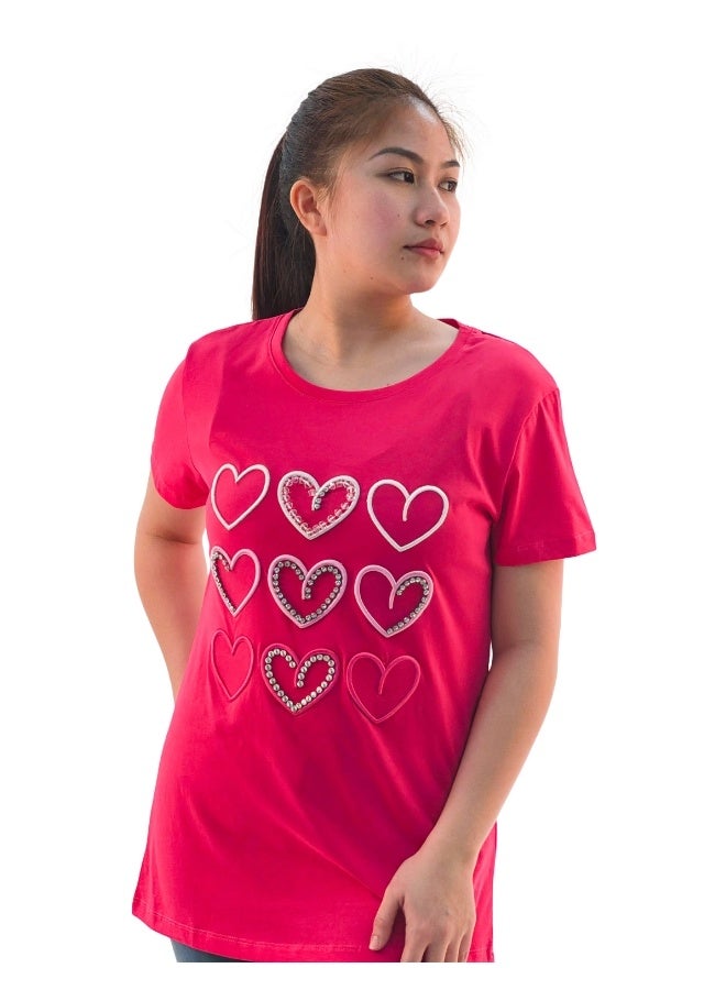 JOANNA JOANNA W203010 Women's Hearts Print Round Neck Short Sleeve T-Shirt - Pink - Image 1