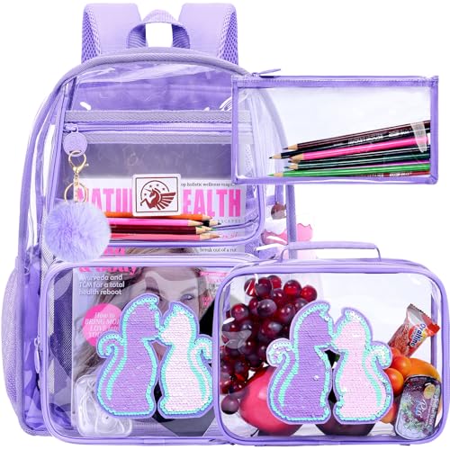 GXTVO 3PCS Clear Bookabag for Girls Kids Sequins Transparent Backpack Set Cute See Through School Bag for Teen Elementary Purple Cat - Image 1