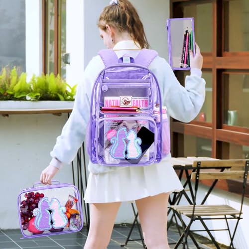 GXTVO 3PCS Clear Bookabag for Girls Kids Sequins Transparent Backpack Set Cute See Through School Bag for Teen Elementary Purple Cat - Image 3