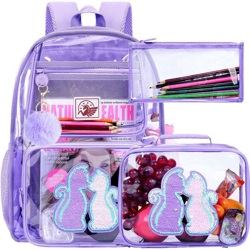 GXTVO 3PCS Clear Bookabag for Girls Kids Sequins Transparent Backpack Set Cute See Through School Bag for Teen Elementary Purple Cat - Image 2