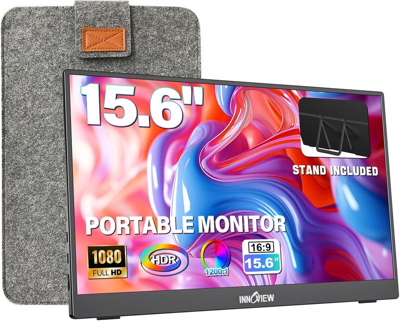 InnoView 15.6" FHD IPS Black Portable Monitor,Ultra-slim with Stand & Storage Pouch,USB-C Plug & Play,HDMI Built-in Speakers,Compatible with Mac PC Phone for Office Gaming & Travel - Image 1