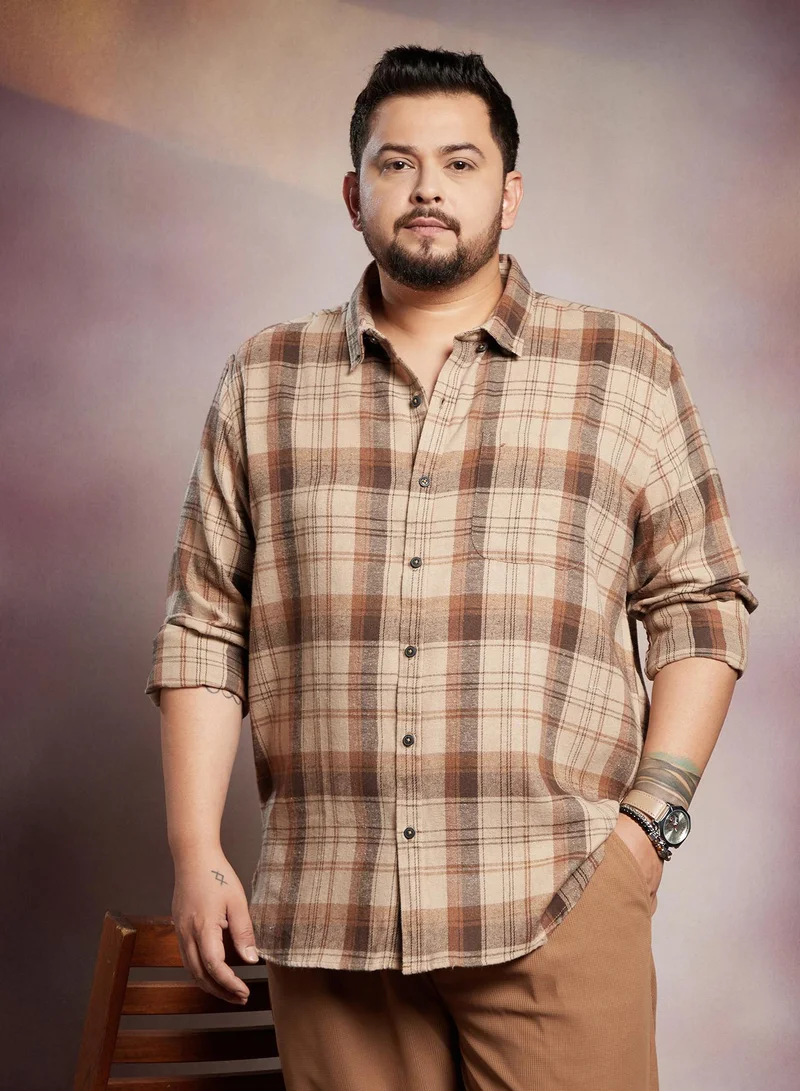 Instafab Plus Instafab Plus Men's Ash Brown Tartan Regular Shirt For Casual Wear | Spread Collar | Long Cuffed Sleeves | Button Closure | Plus Size Shirt Crafted With Comfort Fit For Everyday Wear