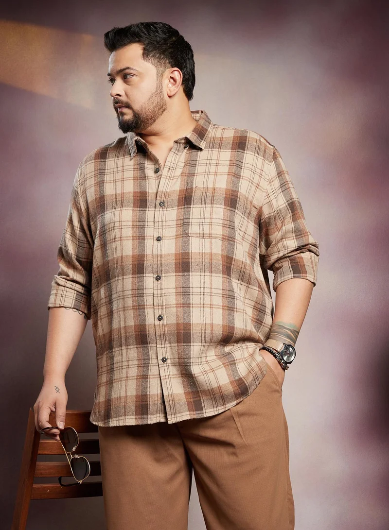 Instafab Plus Instafab Plus Men's Ash Brown Tartan Regular Shirt For Casual Wear | Spread Collar | Long Cuffed Sleeves | Button Closure | Plus Size Shirt Crafted With Comfort Fit For Everyday Wear