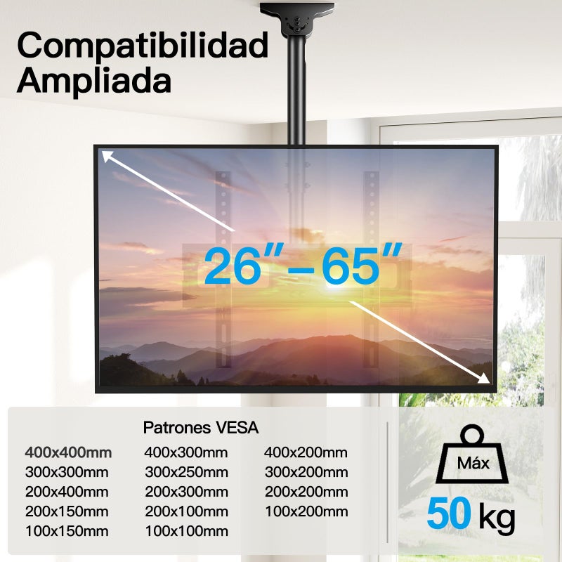 PERLESMITH Ceiling TV Mount for 26-65 inch Flat Screen Displays, Max VESA 400x400mm, Hanging Adjustable Ceiling TV Bracket Fits Most LCD LED OLED 4K TVs, Pole Ceiling Mount Holds up to 110lbs, PSCM2 - Image 2