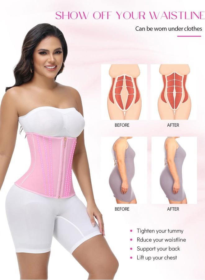 SHAPSHE Waist Trainer for Women Workout Waist Cincher for Tummy Control Corset Shapewear with Zipper Hook, Pink, Medium - Image 2
