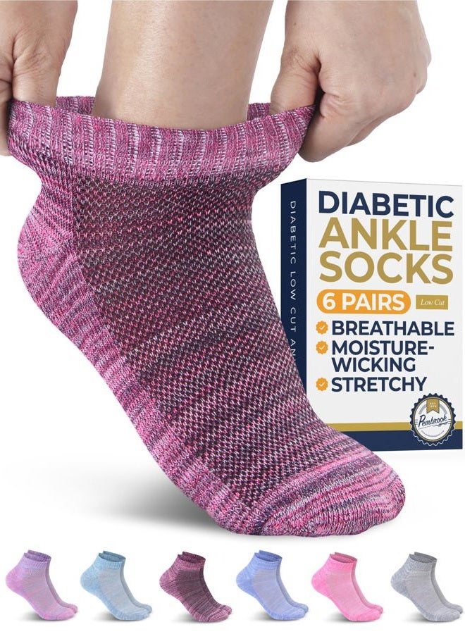 Pembrook Ankle Diabetic Socks for Women and Men - 6 Pairs | Low Cut Neuropathy Socks for Women | Smooth Toe Seams, Space Dye, L - Image 1