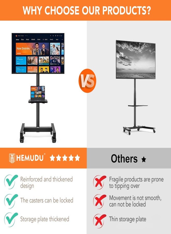 Hemudu Mobile TV Floor Stand for 13-50 inch LCD LED Flat/Curved Panel Screen TVs up to 44 lbs, Height Adjustable TV Stand Mount with Tilt VESA 200x200, Portable TV Stand with Shelf HT2007BM - Image 5