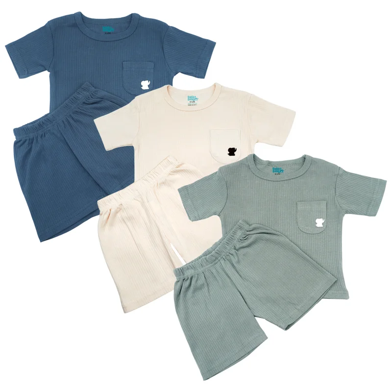 Babies Basic Babies Basic Ribbed Cotton Short Sleeves T-shirt and Plain Shorts Set, Multi Color