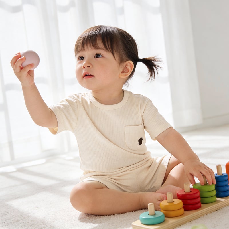 Babies Basic Ribbed Cotton Short Sleeves T-shirt and Plain Shorts Set, Multi Color - Image 3
