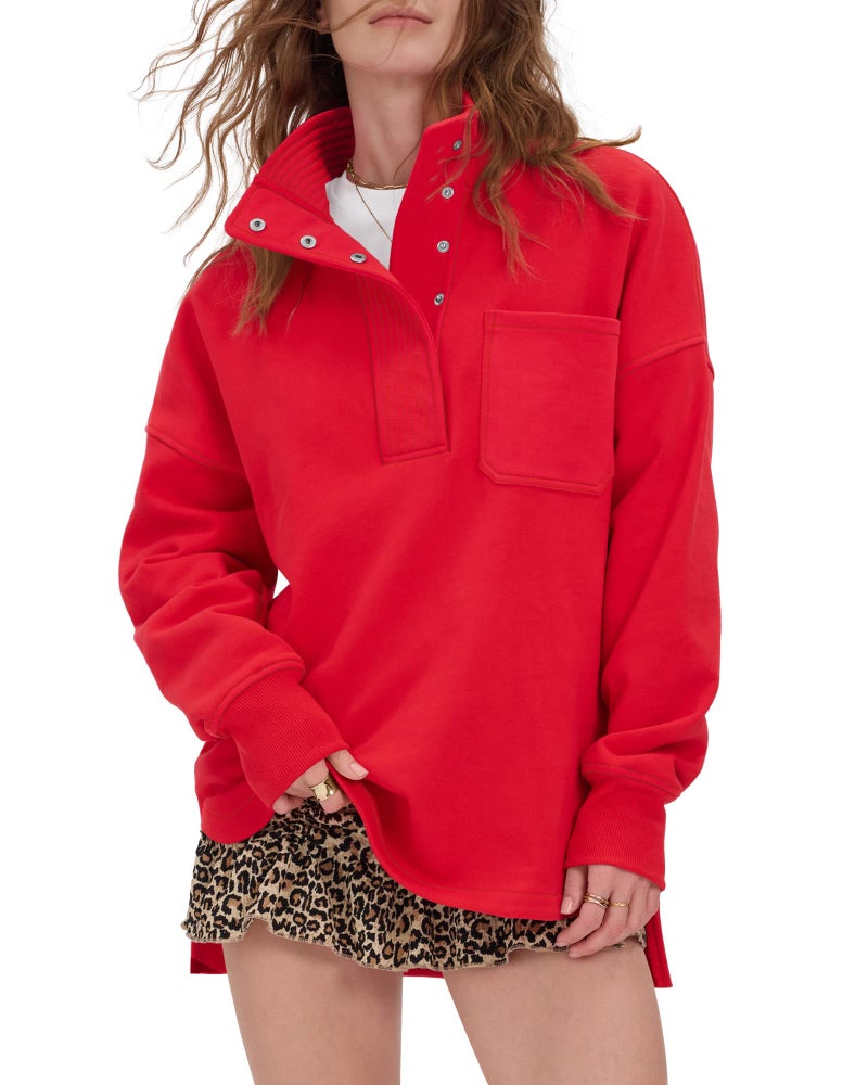 Locachy Womens Casual Oversized Sweatshirt Long Sleeve Button Henley Neck Pullover Tops Fashion Outfits Clothes Red M - Image 1