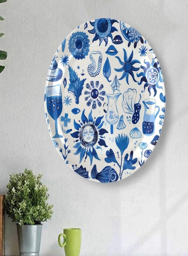 WOODHANG Folk Art Style Blue & White Illustrated Ceramic Decorative Wall Plate|Designer Wall and Table Top Plate with Stand and Hook|Decorative Wall Plates for Living Room Home and Office - Image 1