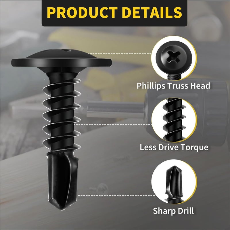 FIXLINK Sheet Metal Screws #8 x 5/8", 140pcs Phillips Modified Truss Head Self Tapping Screws for Metal, Self Drilling Screws, Black - Image 2