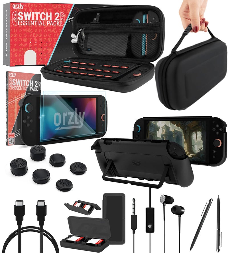 Orzly Switch 2 Accessories Bundle Carry Case & Screen Protector for Nintendo Switch 2 (2025) Console, TravelCase, Screen Protection, Grip Case, USB-C Cable, Games Holder, Headphones, Thumbgrips - Image 1