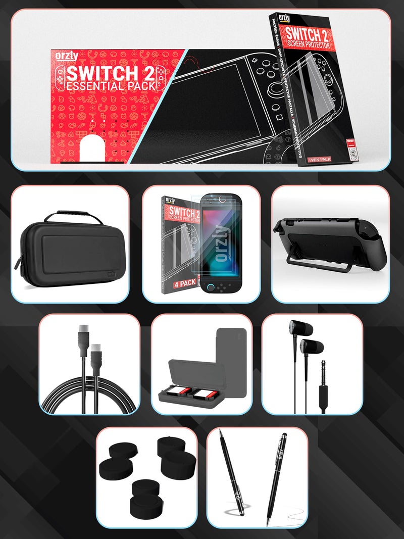 Orzly Switch 2 Accessories Bundle Carry Case & Screen Protector for Nintendo Switch 2 (2025) Console, TravelCase, Screen Protection, Grip Case, USB-C Cable, Games Holder, Headphones, Thumbgrips - Image 3