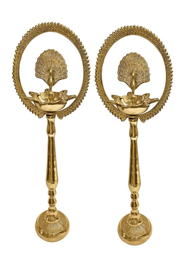 Satvik 2 Pc Set of Brass 12 Inch Peacock Diya with Crown Kerala Samai Diwali Deepak Mahabharat Dia Deepawali Deepam Engraved Inauguration Kuthu Vilakku Indian Housewarming Return Gift Items - Image 1