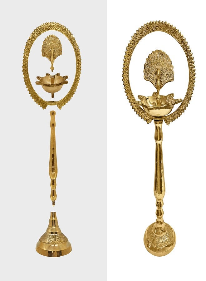 Satvik 2 Pc Set of Brass 12 Inch Peacock Diya with Crown Kerala Samai Diwali Deepak Mahabharat Dia Deepawali Deepam Engraved Inauguration Kuthu Vilakku Indian Housewarming Return Gift Items - Image 4