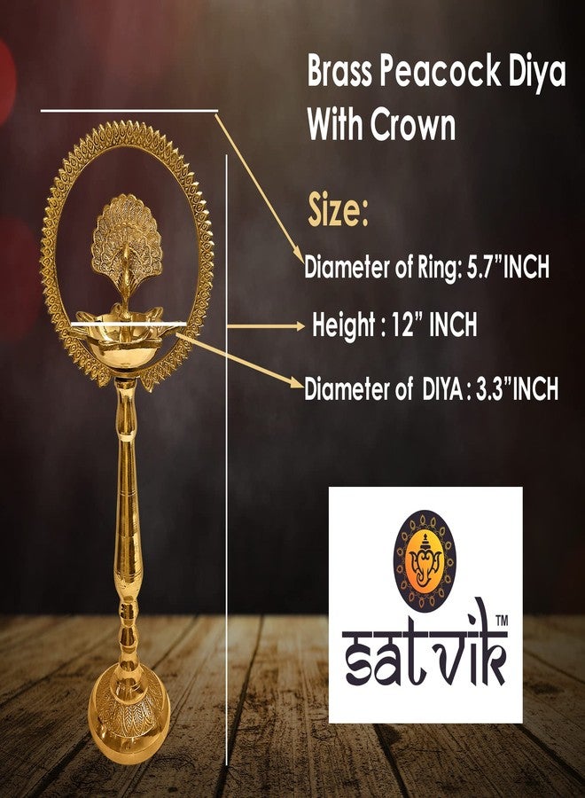 Satvik 2 Pc Set of Brass 12 Inch Peacock Diya with Crown Kerala Samai Diwali Deepak Mahabharat Dia Deepawali Deepam Engraved Inauguration Kuthu Vilakku Indian Housewarming Return Gift Items - Image 3