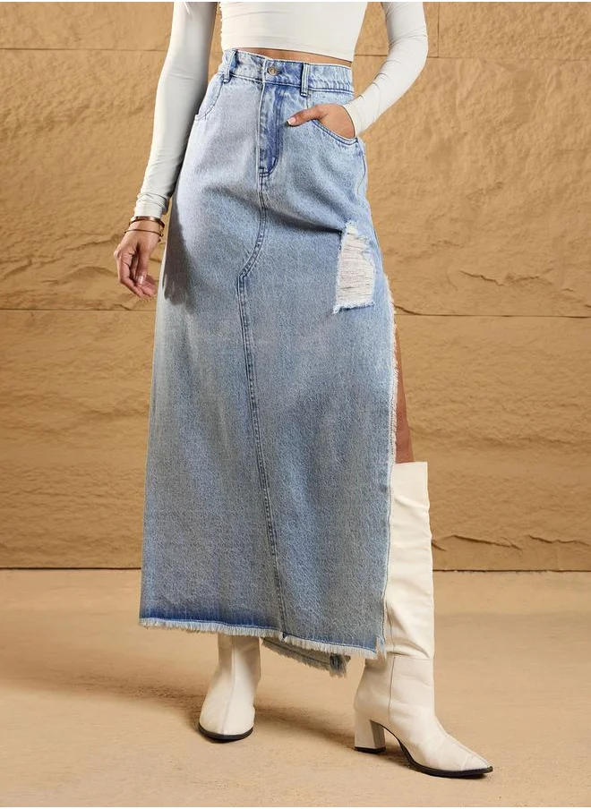 SASSAFRAS Distressed Side Slit Denim Maxi Skirt