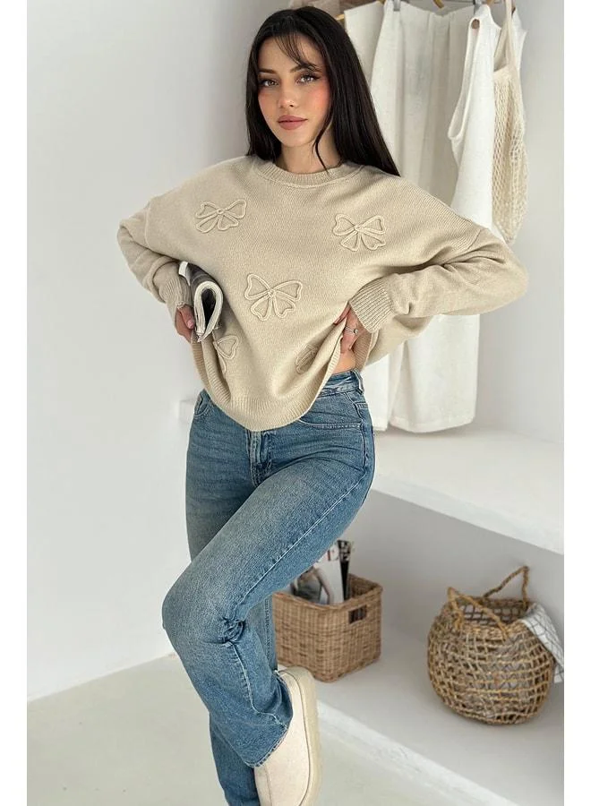 Noa Noa Women's Butterfly Embroidered Knit Sweater – Naive & Decorative Style - Beige