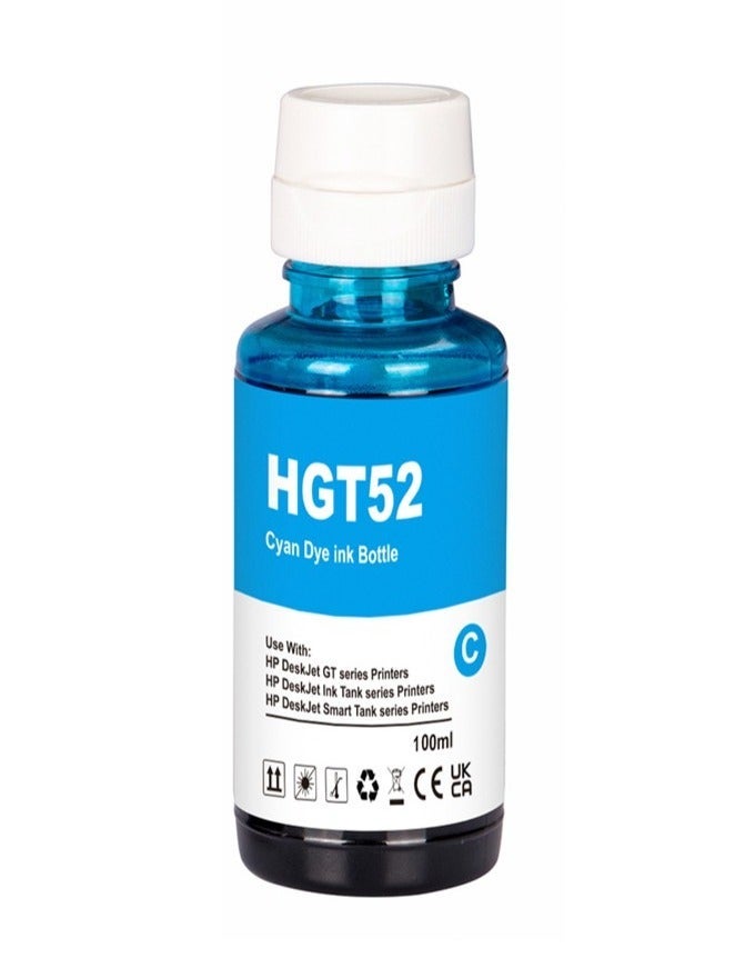 Nexnova® GT52 Cyan 100ml for HP Printer DeskJet Smart GT ink Tank 319/410/419 Smart Tank 500/508/511/515/518/519/530/531/538/571/615/618/655 DeskJet GT 5810/5820/5822 Ink Tank - Image 1