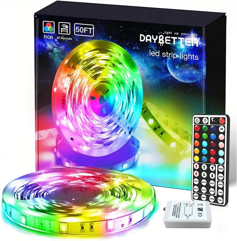 DAYBETTER (2rd Gen) SMD 5050 Remote Control Led Strip Lights 50ft Color Changing with 44Keys Remote Controller and 12V Power Supply for Bedroom - Image 1