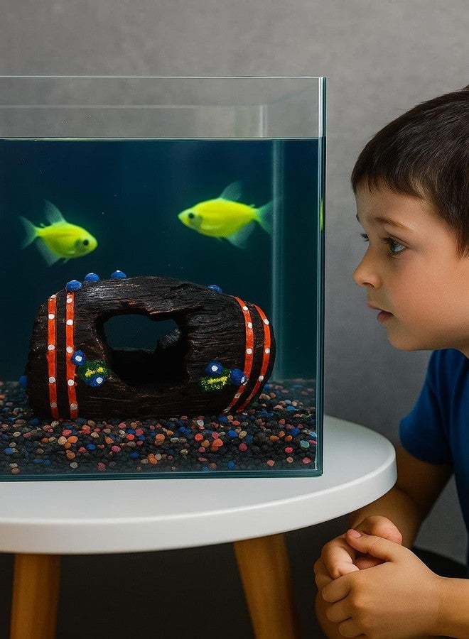 rizopets Decorative Aquarium Barrel Ornament with Red Stripes and Blue Gems, Fish Tank Hideout with Colourful Gravel Base - Image 3
