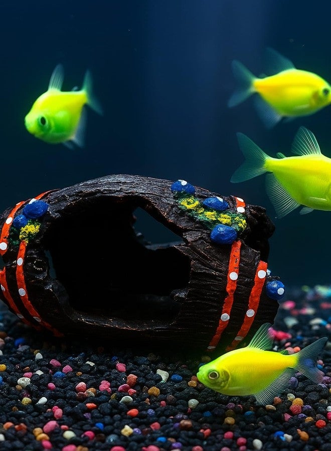 rizopets Decorative Aquarium Barrel Ornament with Red Stripes and Blue Gems, Fish Tank Hideout with Colourful Gravel Base - Image 1