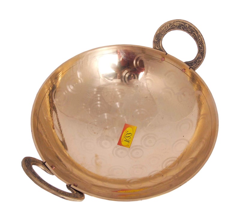 SHIV SHAKTI ARTS® Pure Brass Serving & Cooking Kadhai - Use for Serving & Cooking Food in Hotel, Restaurants, Cafe(No.1 | 1500 ml, Gold - Shinee Silver Touch Design) - Image 3