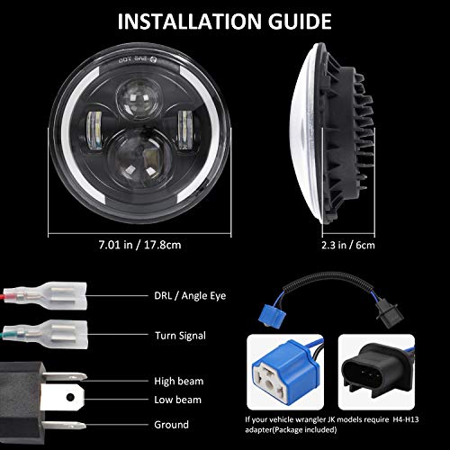 Zmoon 7 inch LED Headlight for Motorcycle with Hi/Low Beam & Amber/White Turn Signal, 7'' DOT Round Headlight Compatible with Harley-Davidson Jeep Wrangler JK LJ CJ Hummer H1 H2, 1PCS - Image 2