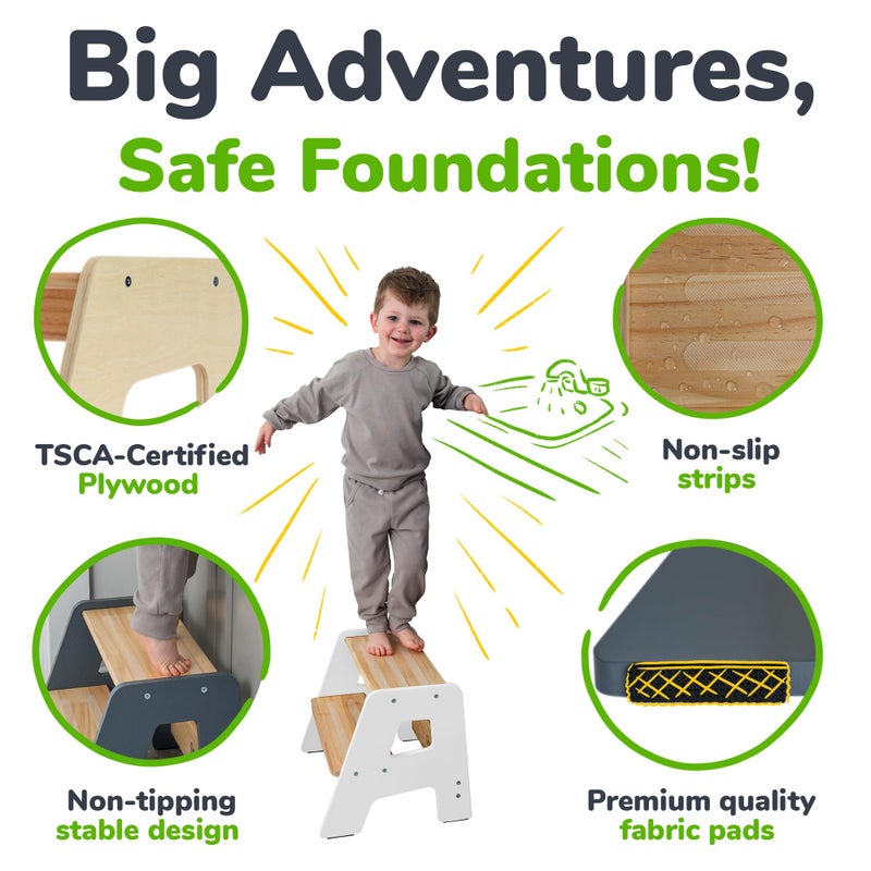 OCODILE 2-Step Wooden Step Stool for Toddlers | Kids Stool for Bathroom Sink & Kitchen Use | Non-Slip Step | Wooden Stool for Children Ages 2+ Years White - Image 3