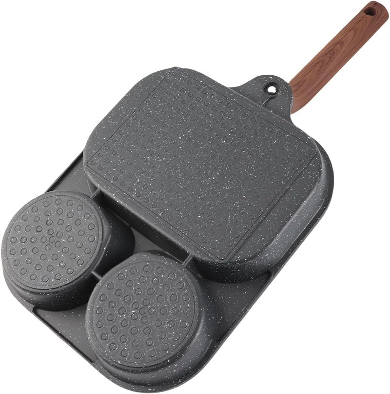 N-stick Egg Frying Pan, 3-section Breakfast Pan With Removable Handle For Omelettes, Steaks, And Pancakes - Ideal For Easy Cooking And Cleanup Double Bottom - Image 3