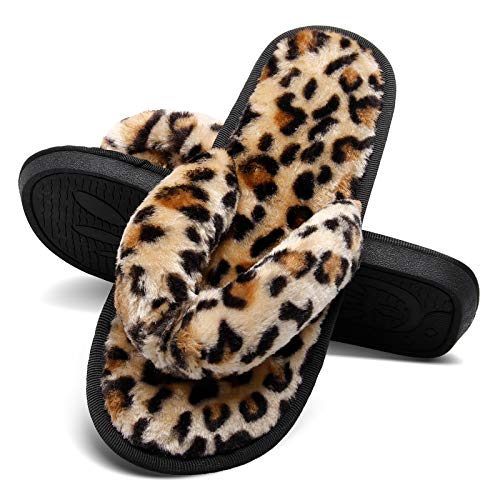 JOINFREE Women's Plush Thong Slippers Fluffy Slippers Slides Furry Spa Shoes for Women Leopard Gold 7.5-8.5 M US - Image 5