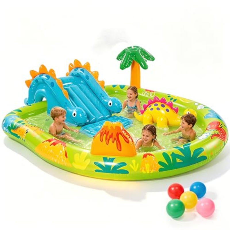 Inflatable kiddie pool with Sprinkler, Backyard Inflatable Water Slide with Splash Pool, Large 2-4 Person Support Connects to Any Garden Hose for Toddlers Volcano Dinosaur Pool - Image 1