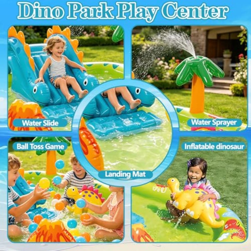 Inflatable kiddie pool with Sprinkler, Backyard Inflatable Water Slide with Splash Pool, Large 2-4 Person Support Connects to Any Garden Hose for Toddlers Volcano Dinosaur Pool - Image 3